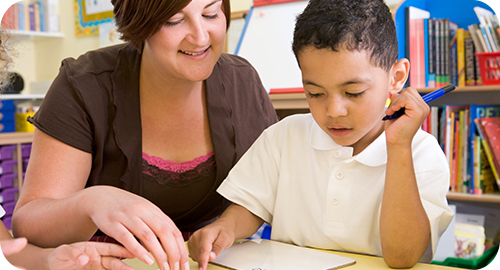 A female teacher is tutoring a student